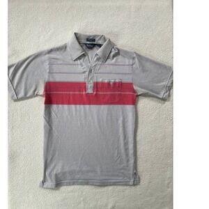 Par Four Mens Medium Polo Shirt Grey Red Striped Short Sleeve Vintage Pocket